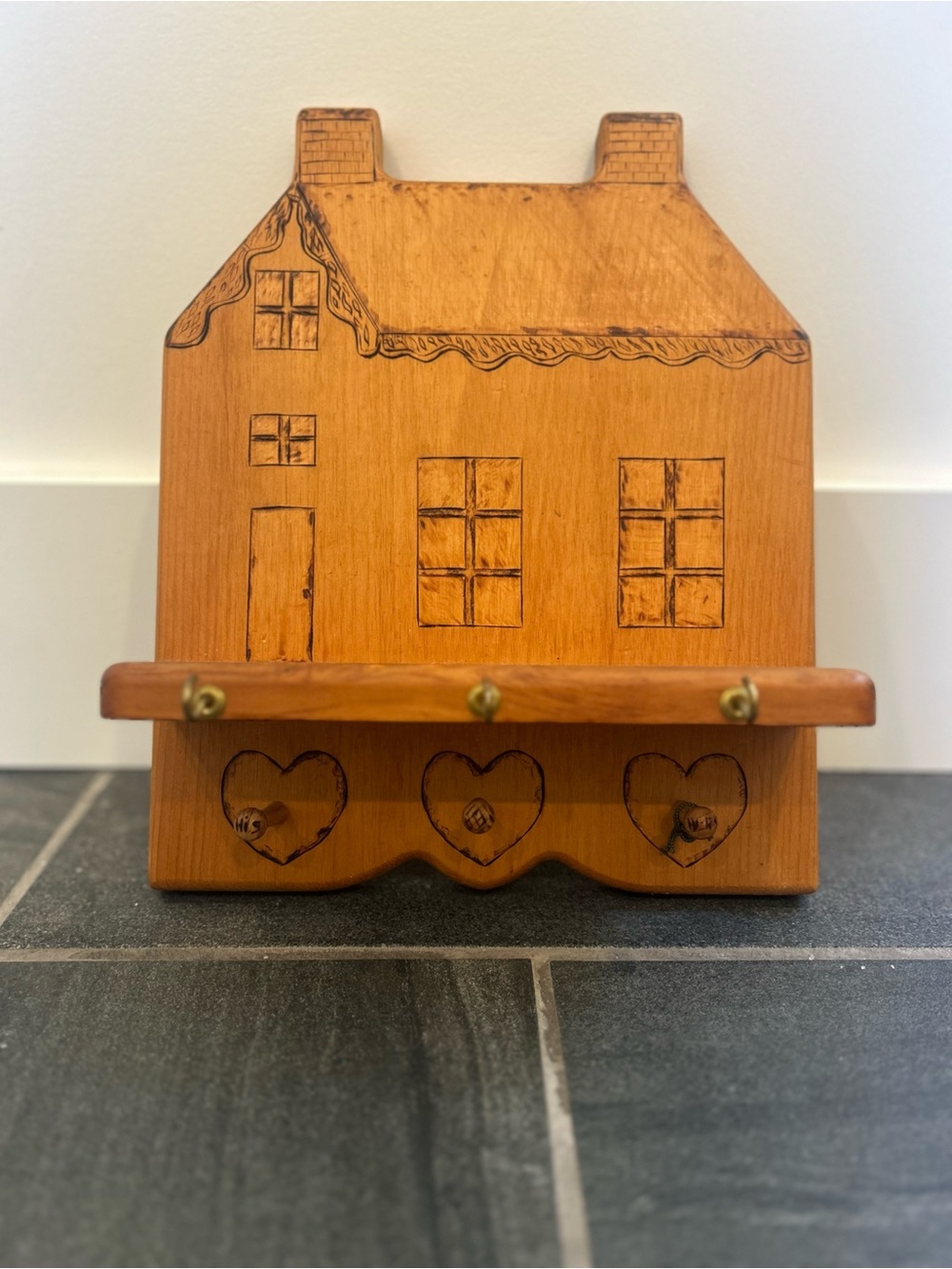Vintage Wooden House Wall Hook Shelf in Honey Brown, Handcrafted